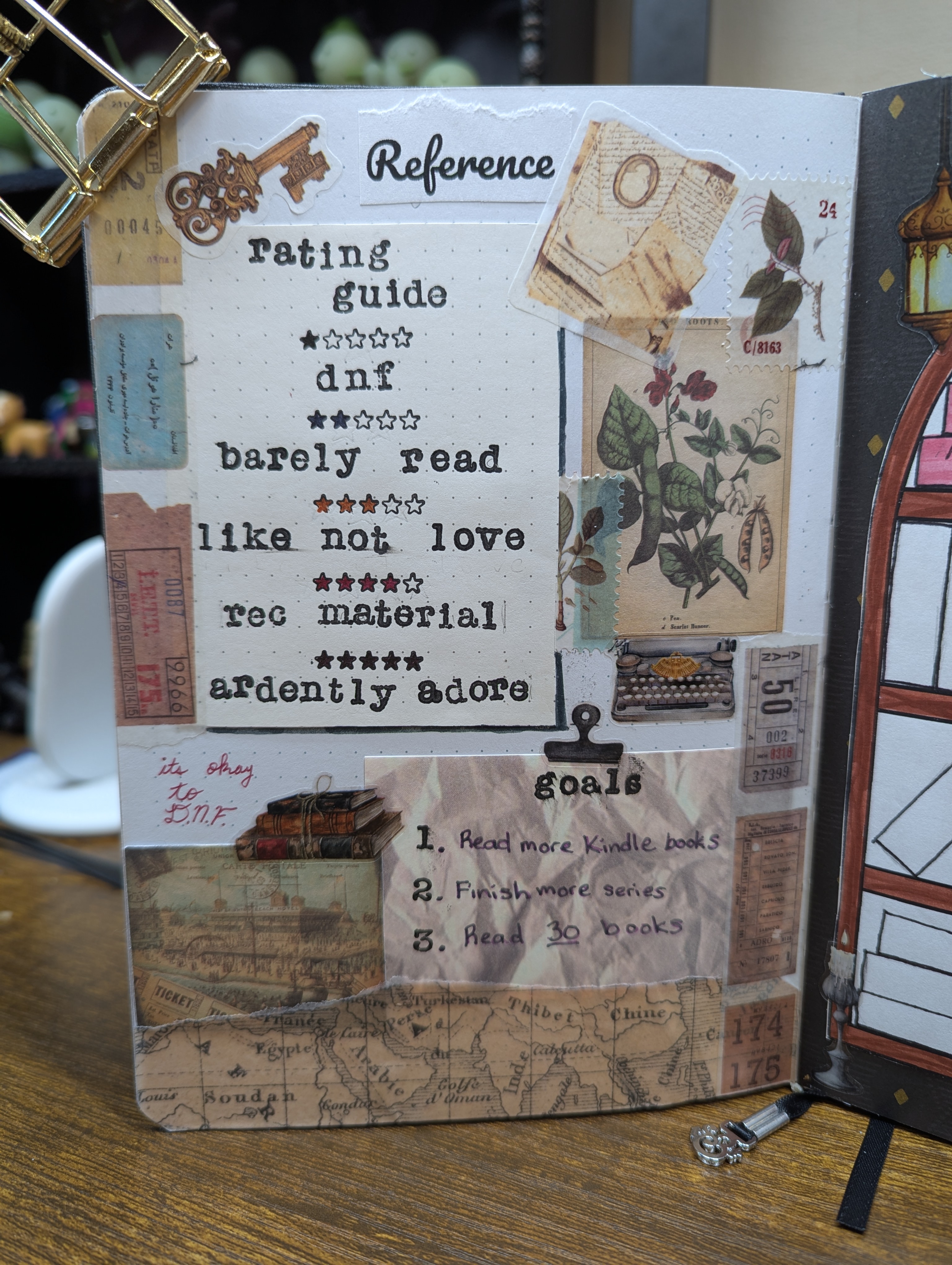 A decorated notebook page featuring a reference section with a rating guide for books, including categories like dnf, barely read, like not love, rec material, and ardently adore. The page also lists goals for reading, including reading more Kindle books, finishing more series, and reading 30 books.