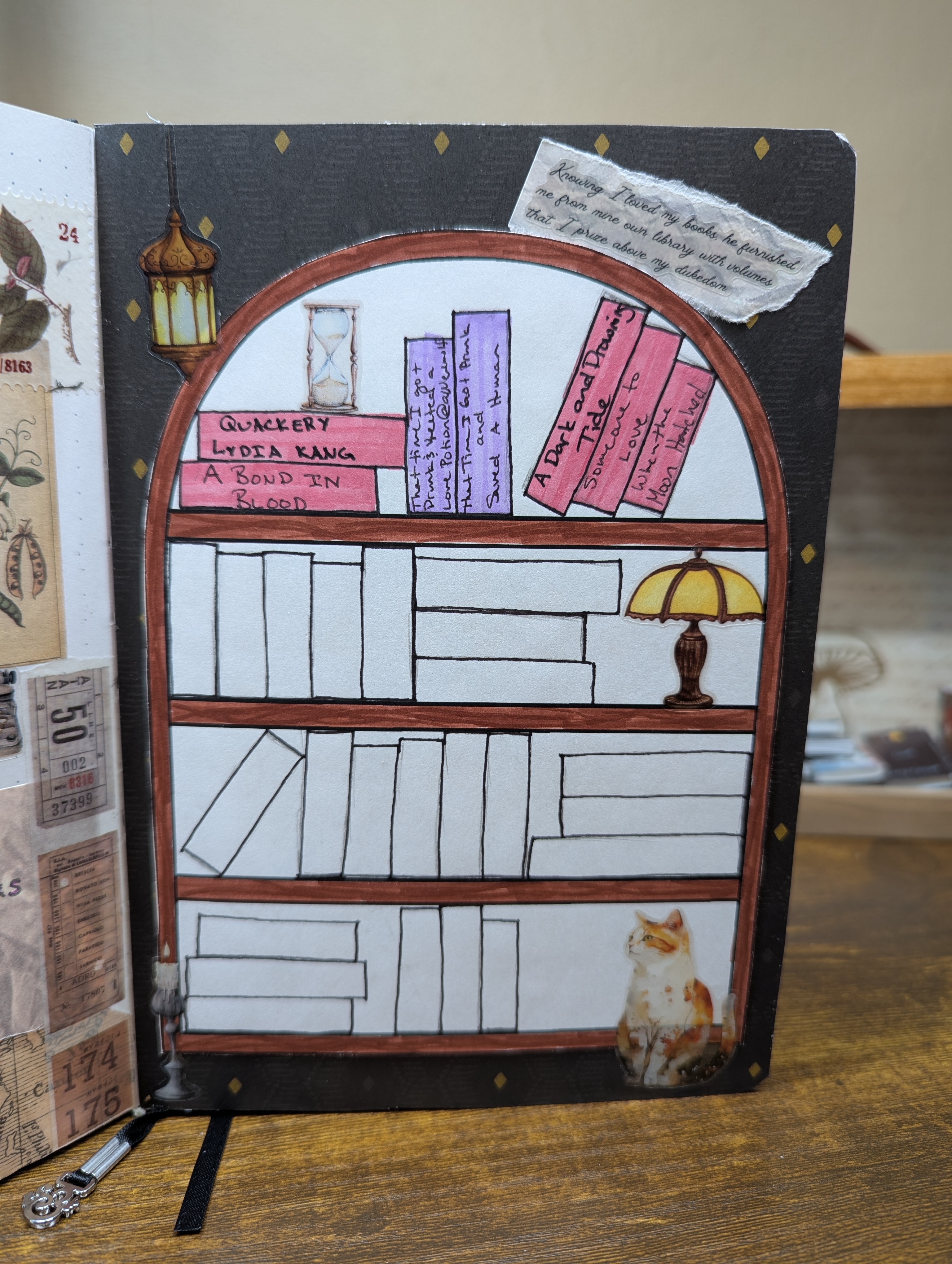 An illustrated bookshelf featuring colorful book spines with titles, a decorative lamp, an hourglass, and a cat sitting at the bottom right corner.