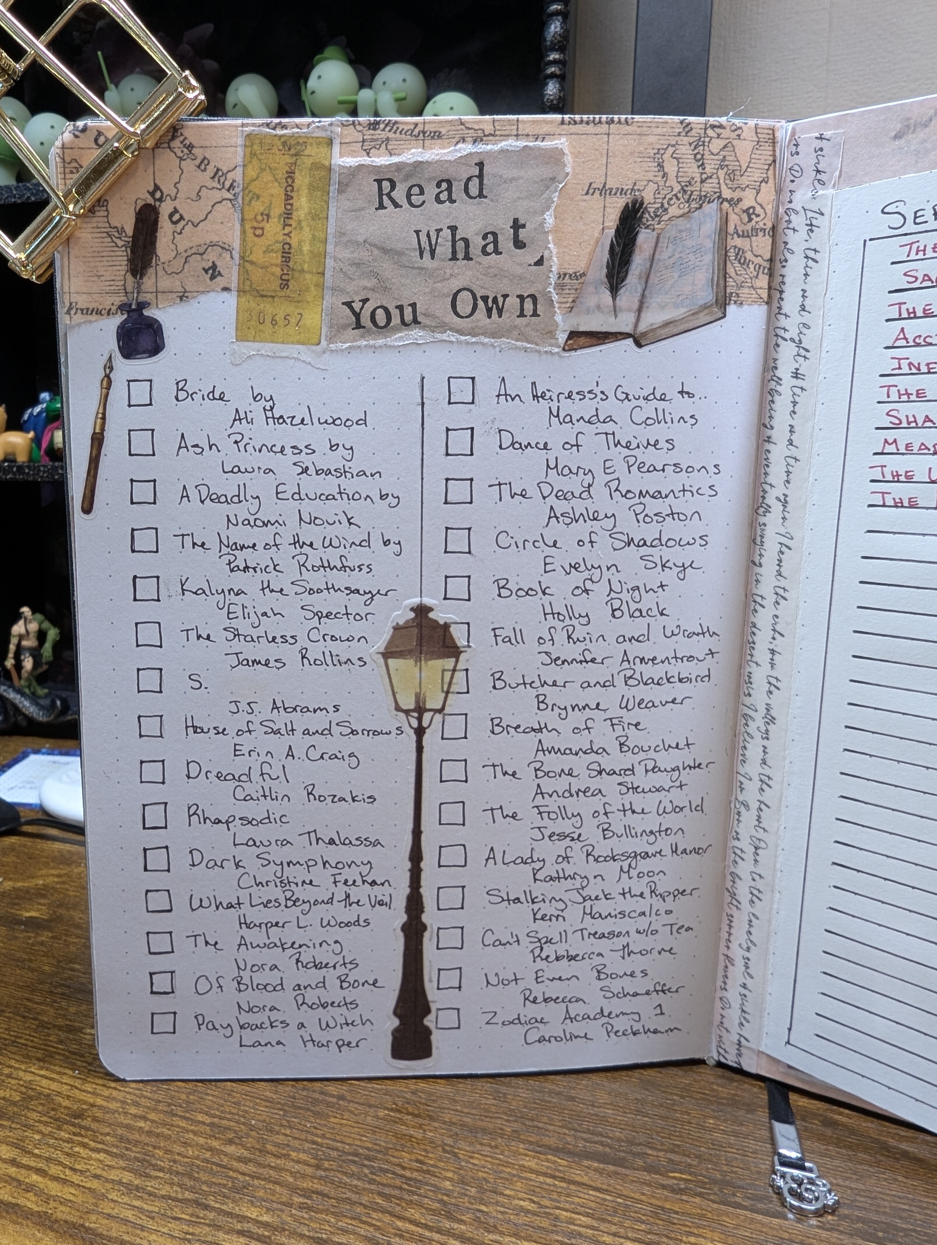 A handwritten list titled 'Read What You Own' featuring book titles and authors, along with checkboxes for tracking reading progress, set against a decorative background with a map and a vintage lamp post illustration.