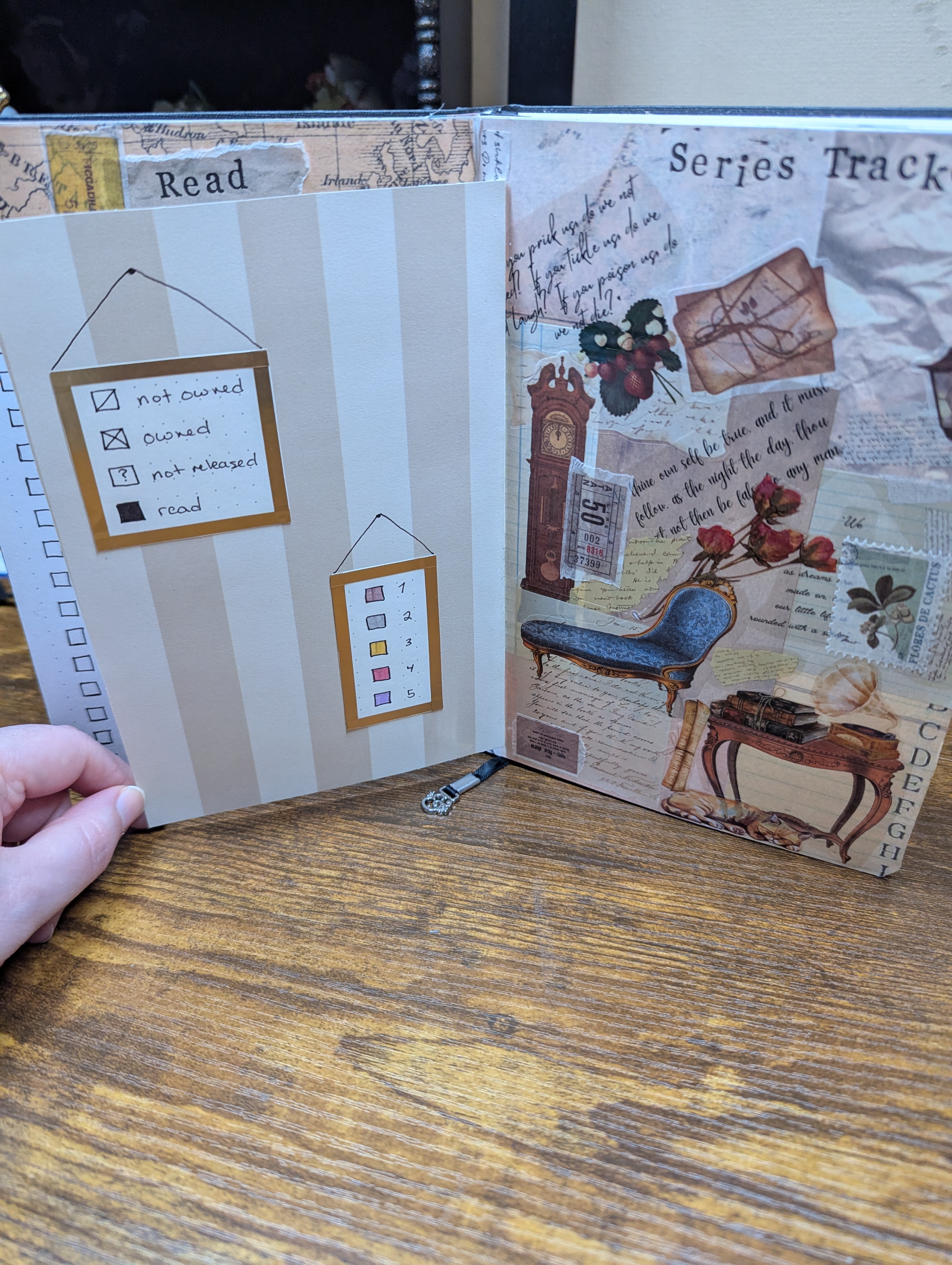 A partially opened book displaying a page with checkboxes for tracking reading status, including 'not owned', 'owned', 'not released', and 'read', alongside decorative elements like an illustration of a chair and various collaged papers.