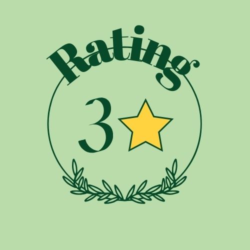 Graphic showing a rating of 3 stars with a star highlighted in yellow and decorative leaves, set against a light green background.
